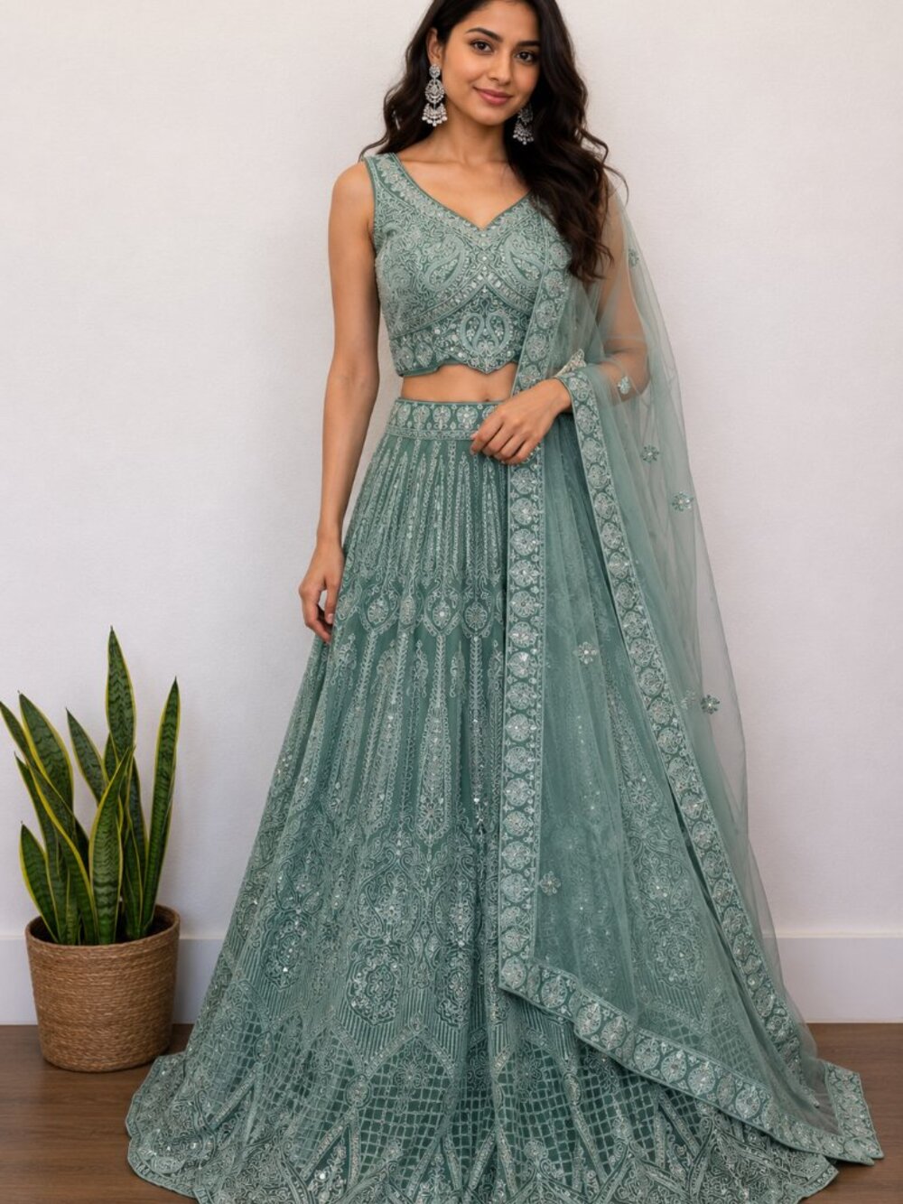 Sage Green Designer Lehenga Set | Embroidered Indian Wedding & Party Wear